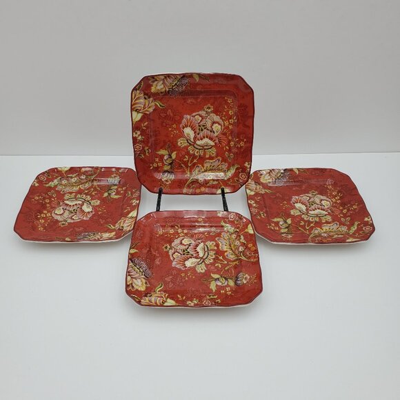222 Fifth Gabrielle Appetizer Plates Red Floral Square Dessert Plates - Picture 2 of 5